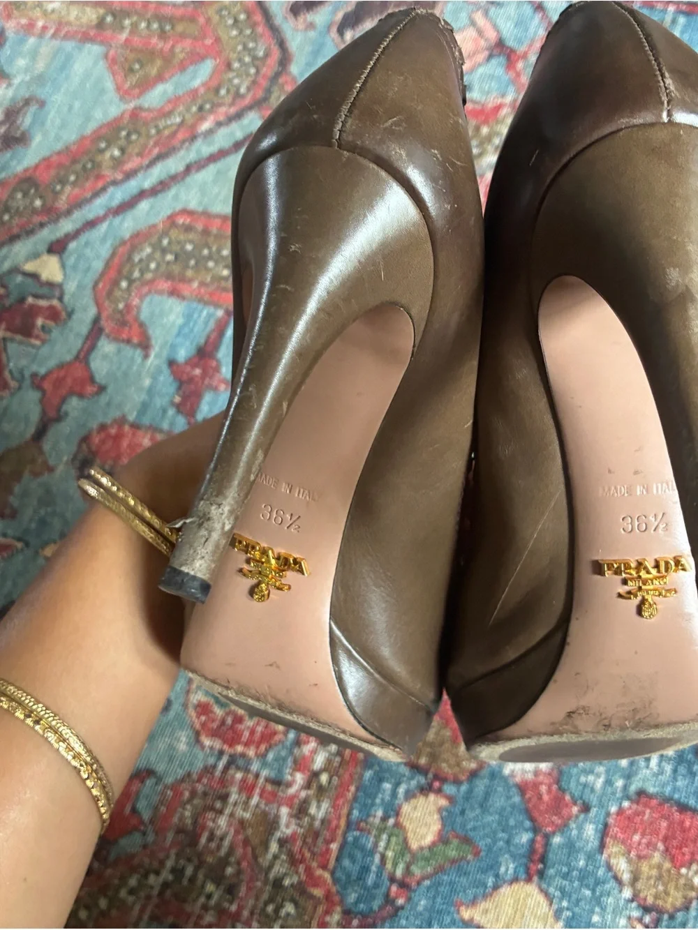 Prada Brown Leather Pointed-Toe High Heel Pumps - Picture 6 of 6
